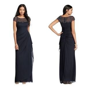 Xscape Gown Maxi Dress Beaded Illusion Cap Sleeve Ruched Column Formal Navy 8
